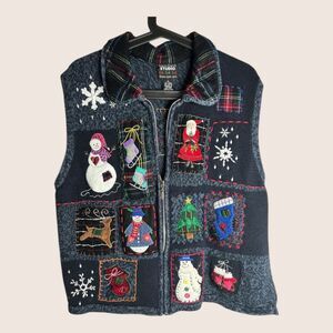 🎄 VTG UGLY CHRISTMAS SWEATER VEST ZIP UP STUDIO FA LA LA XL HEATHER BLUE PLAID